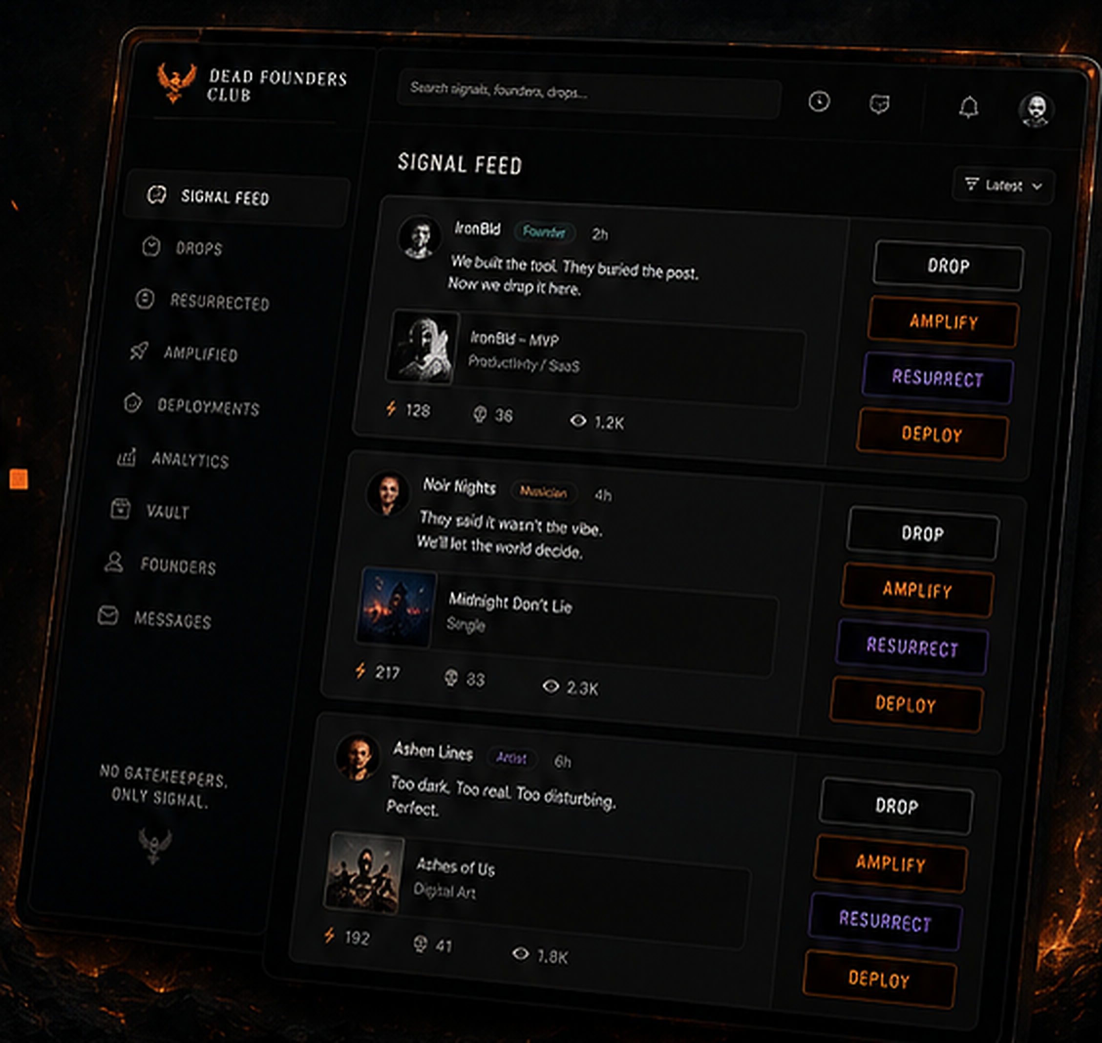 Preview of the Dead Founders Club Signal Feed