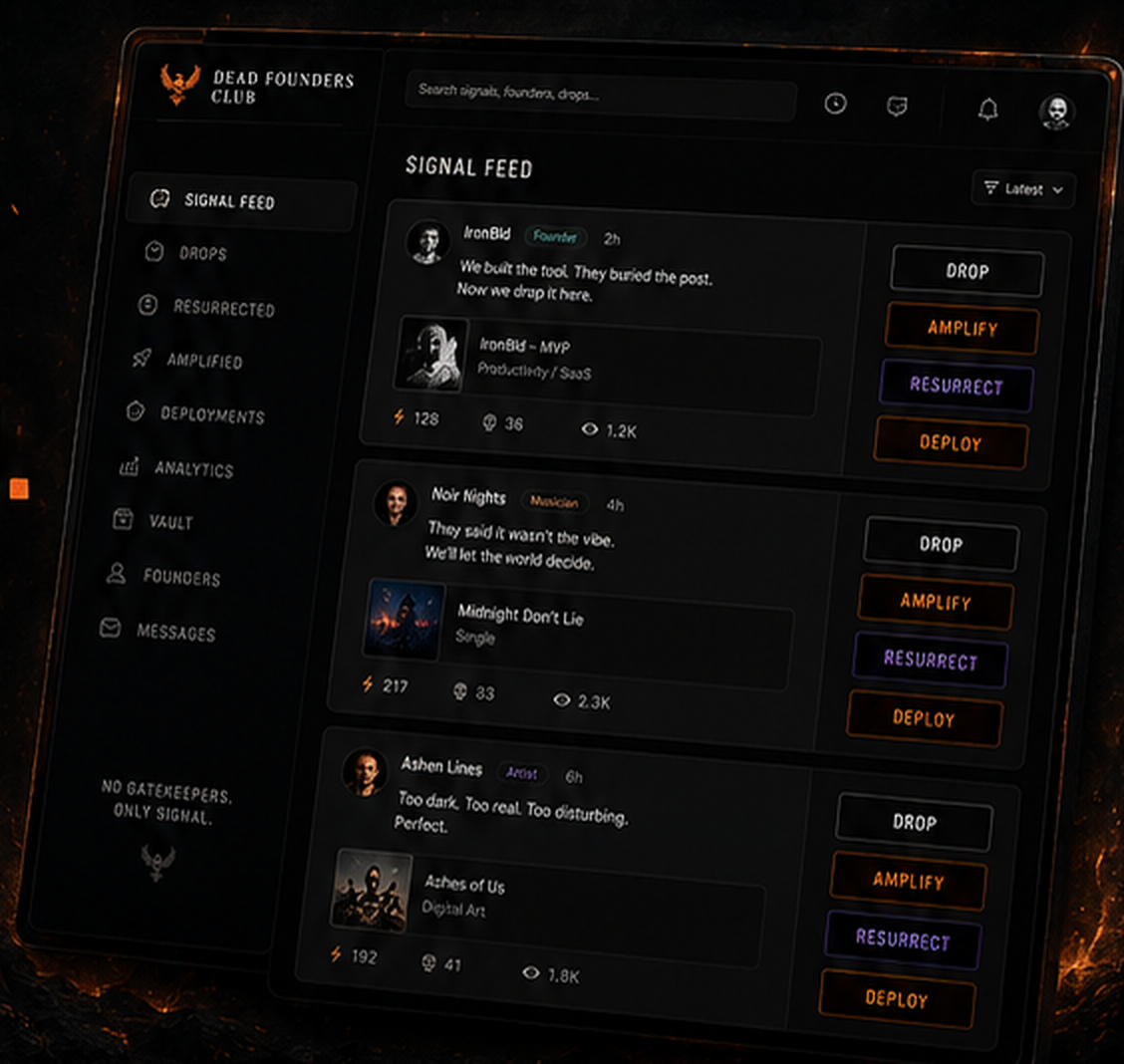 Preview of the Dead Founders Club Signal Feed