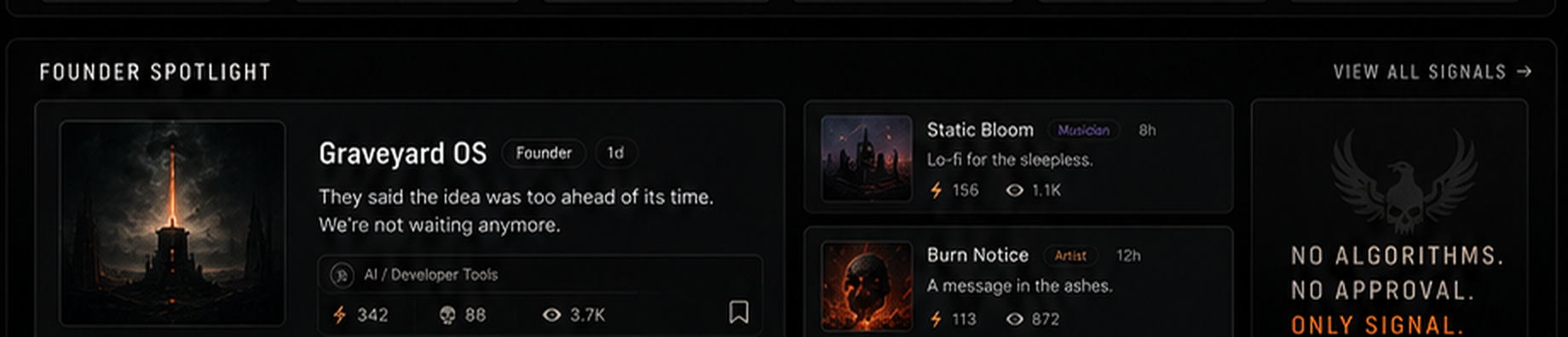 Founder Spotlight preview with Graveyard OS, Static Bloom and Burn Notice